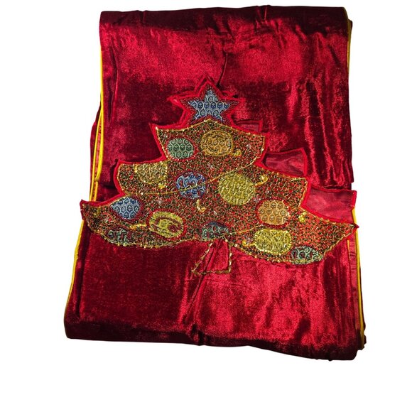 Pier One Holiday Tree Beaded Table Runner 14"x90" Red Velvet Christmas - Picture 1 of 4
